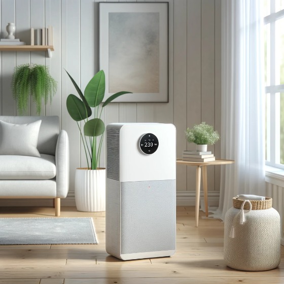 現代の家庭に溶け込むスリムな白い除湿器